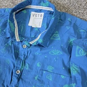 VSTR Premium Mens XL Blue Mystic Graphic‎ Print Short Sleeve Button Down Shirt